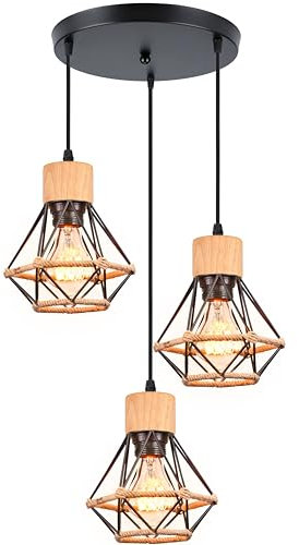 iDEGU 3 Lampes Suspension Luminaire Induistrielle en Bois Vintage Lustre Noir Design Cage Créatif Plafonnier Abat-jour avec Corde Chanvre Rétro Lampe de Plafond pour Salon Cuisine Chambre (Cercle)