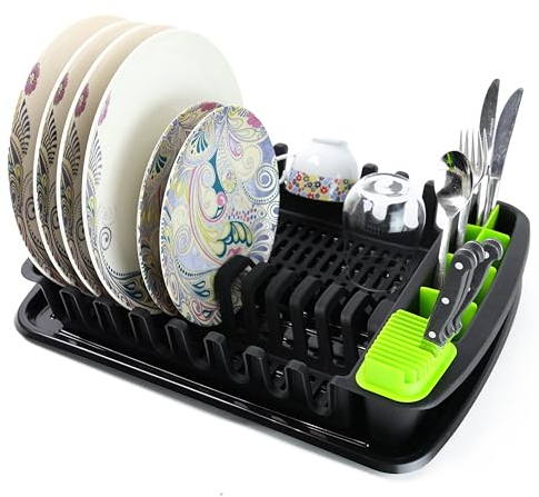 DIVCHI Dish Drainer Plastic Dish Drying Rack Sink Drainer With Cutlery Cup Utensil Holder For Kitchen Counter (Black)