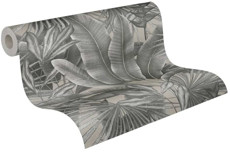 Livingwalls Dschungel Tapete 396473 in Grau, Beige - Wandtapete mit Dschungel Optik - florale Tapete mit Palmenblättern - hochwertige Tapete auf 10,05m x 0,53m