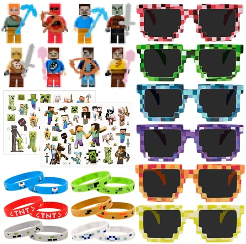 WuGU 28 Stück Spiel Party Mitgebsel, Pixel Kindergeburtstag Mitgebsel Set Enthalten 6 Mini Figuren,12 Spiel Silikon Armband, 6 Pixel Brille,2 Blätter Temporäre Tattoo Aufkleber Set