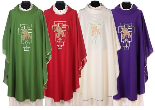 Holyart Kasel mit San Damiano Kreuz und Lamm Polyester, Elfenbeinfarbig