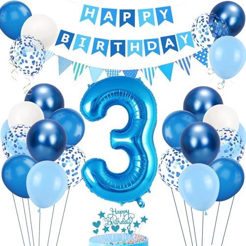 3. Geburtstag Deko Blau, Luftballon 3. Blaue, Geburtstagsdeko 3 Jahr, Junge 3 jahre Luftballon deko Blau, Zahl 3 Helium Luftballons Tortendeko Blau Weiß Ballons für Geburtstag Party Deko