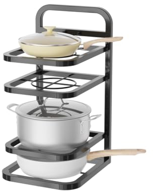 Heikoeco® Töpfe und Pfannen Organizer, Küchen Organizer, Schrank Organizer, Verstellbares Pfannen-Organizer-Regal, Organizer mit 4 Ebenen, Küche, Bad, Büro (Schwarz, 4 Ebene)
