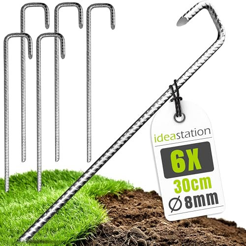 idea-station Bodenanker 6 Stück - 30 cm lang - Ø 8 mm - rostfreie Erdanker aus Bewehrungs-Stahl - sichere Boden Verankerung für Trampolin - Massive Erdhaken für den Garten