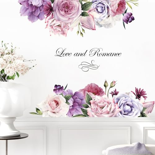 Supzone Purple Rose Wall Stickers Large Flower Bouquet Blossom Wall Decals Self-Adhesive Love Theme Wall Art Decals for Valentine's Day Living Room Bedroom Door Furniture Sofa TV Backdrop Decor