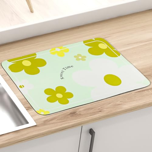 Tapis Egouttoir Vaisselle Absorbant 40x50cm, Tapis Machine a Cafe Auto Sechant Tapis de Sechage pour Evier Cuisine en Caoutchouc Tapis de Bar Antidérapant pour Comptoirs, Vert Fleurs