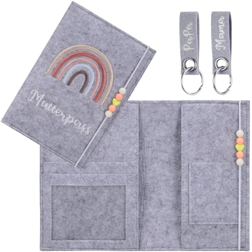 Zocipro Mutterpass Schutzhülle aus Filz mit Fächern für Ultraschallbild und Impfpass, Hülle mit Gummiband, 2 Schlüsselanhänger, Dunkelgrau