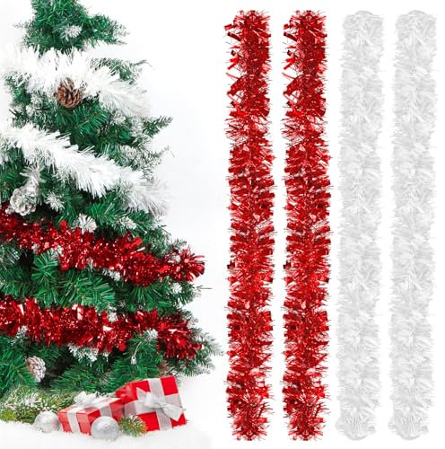 Lametta Girlande Weihnachten Weiß & Rot,Metallisch Girlande Weihnachtsbaum,4 Stück Glänzend Weihnachtsgirlande,Weihnachtsbaumschmuck Girlande,Lamettergirlande,Festliches Lamettaa Dekoration