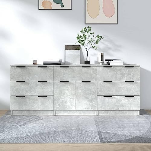 Willood 3-TLG. Sideboard-Set Betongrau Holzwerkstoff Mit Sieben Schubladen,Kommode,Küchenschrank geeignet für Küche, Wohnzimmer, etc.