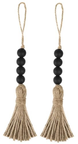 ULDIGI 4 Pcs Decorative Pendant Boho Beads Interior Door Handle Farmhouse Prayer Bead Decorative Knot Beaded Servilletas Tassel Bead Ornament Home Hanging Decor Ornaments Wooden Black
