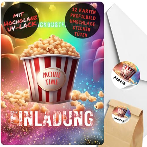12x Einladungskarten mit Movie Popcorn Kino Motiv - Für den Kindergeburtstag von Jungen & Mädchen - Coole Einladungen für den perfekten Kino Filme Abend +12 Umschläge +24 Sticker +12 Geschenktüten