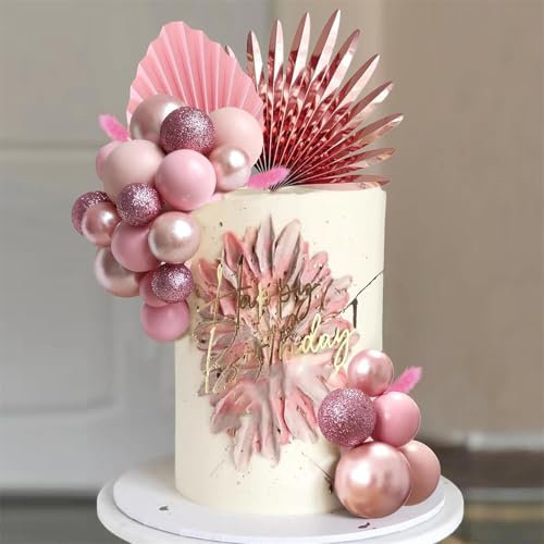 38Pcs Cake Decorations Pink Balloon Cake Topper with Paper Palm Fan Cake Decorations DIY Birthday Party Dessert Decoration for Wedding Birthday Anniversary Holiday