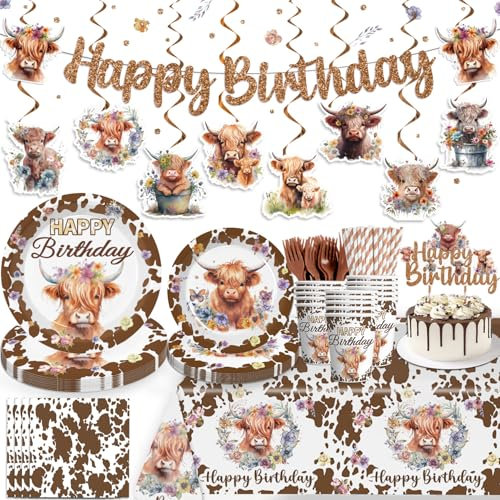 194pcs Brown Cow Birthday Decorations Include Brown Cow Plates and Napkins Set, Banner, Hanging, Tablecloth, Balloon, Cake Topper, for Western Farm Animals Kids Birthday Baby Shower, Serves 25