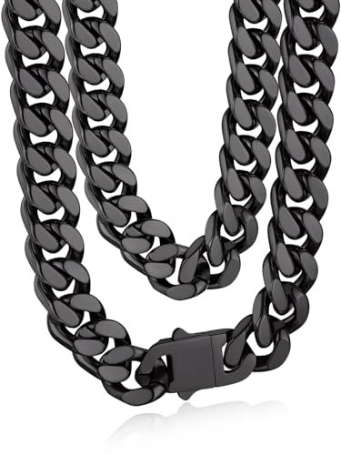 Bandmax Edelstahl Halskette Herren Schwarz Panzerkette 12MM breit Kette Jungs Kubanische Kette 50CM Kettenlänge Hip Hop Kette Accessoire Schmuck