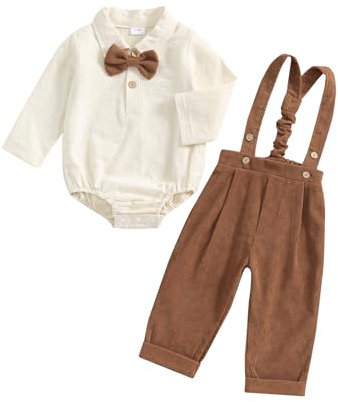 Carolilly 2Pz Completino Neonato Maschio Set Coordinato Abito da Gentiluomo Elegante Tuta Neonato Maschio Elegante Pagliaccetto Manica Lunga+Pantaloni con Bretelle (Marrone, 6-12 Months)