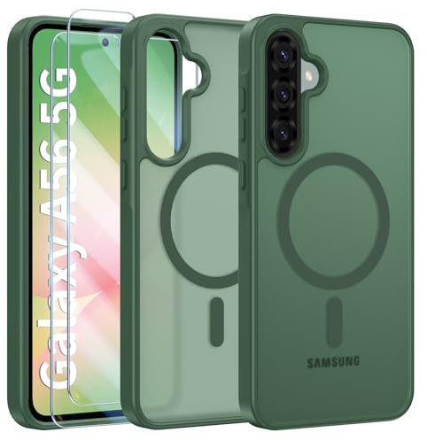 Opkiegrn für Samsung Galaxy A56 5G Hülle, Dunkelgrün | 2x Schutzfolie, Kompatibel mit MagSafe, Militärnorm Schutz Handyhülle, Stoßfest Durchscheinende Matt SchutzHülle