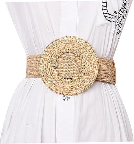 Ceinture en paille tissée élastique pour femme, style bohème large avec grande boucle ronde, ceinture tressée décontractée pour femme, été, plage, bronze, taille unique