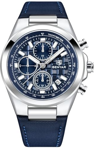 BENYAR Herrenarmbanduhr Chronograph – Elegante Quarzuhr mit Lederarmband, 30M wasserdicht, Leuchtzeiger & Kalender | Herrenuhr für Business & Freizeit (Blau)