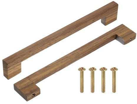 sourcing map 4Pcs Wood Drawer Pulls, 8 Inch Hole Center Square Wooden Drawer Pulls Cabinet Handles with Screws for Kitchen Dresser Wardrobes Door Cupboard, Dark Walnut