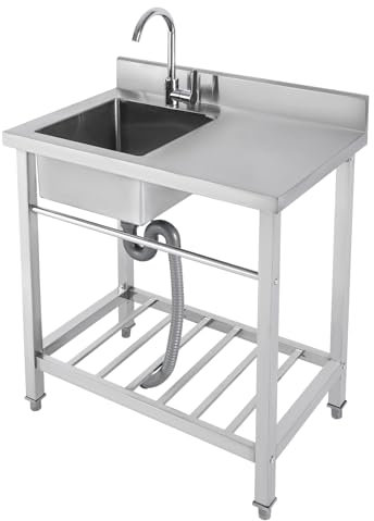 Fregadero de cocina de acero inoxidable, fregadero de cocina independiente, fregadero de cocina de pie de acero inoxidable, con grifo y banco de trabajo, con patas cuadradas, para exterior, interior