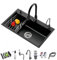 Ecoxsnz Fregadero de cocina 60 x 45 cm, Fregadero de cocina un Seno 304 Acero Inoxidable con tres agujeros y dispensador de jabón (Negro, 60x45cm)