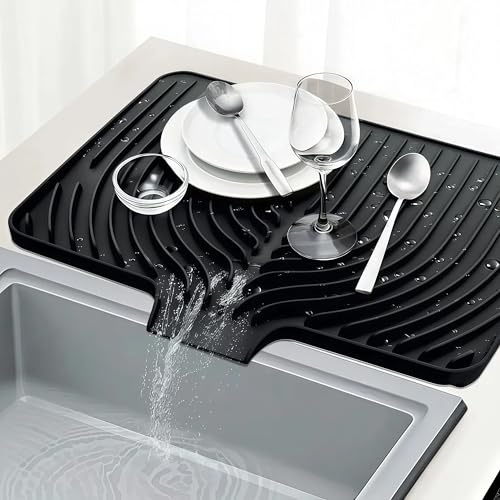 Silikon Abtropfmatte geschirr mit Ablauf – 40 x 33 cm Silikon Geschirr Abtropfmatte, geneigte Fläche, hitzebeständig & rutschfest – Geschirrtrockenmatte für Spüle und Arbeitsplatte (40×33cm-schwarz)