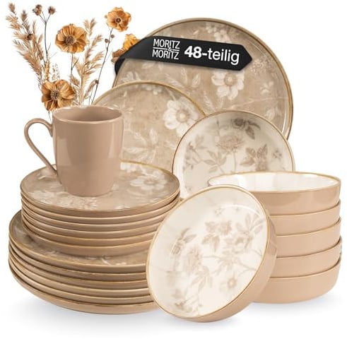 Moritz & Moritz MARIELLA Steingut Geschirrset 12 Personen 48-tlg. - Modernes Tafelservice in Beige in verspieltem Design, Pflegeleichtes Kaffeeservice mit Teller Set, Schüsseln & Tassen - Kombiservice