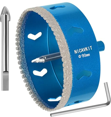 NICAVKIT 90mm Sierra de corona de diamante con 2 brocas piloto removibles,Dentada Brocas Coronas de Diamante para azulejos de porcelana, vidrio, cerámica, mármol, fibra de vidrio, etc