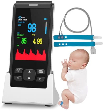 Oxymètre de Pouls Pédiatrique avec Sangle, Moniteur SpO2 et Fréquence Cardiaque pour Bébé/Enfant, Écran OLED Couleur, Batterie Rechargeable 2000mAh, Base de Chargement, Indice de Perfusion (PI)