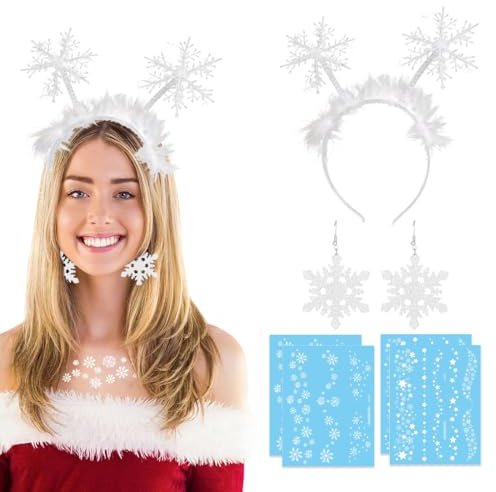 YIPFEN Schneeflocken Kostüm Zubehör Set Damen mit Haarreif Ohrringe und Tattoo für Fasching Karneval Halloween als Eisprinzessin Schneekönigin Verkleidung