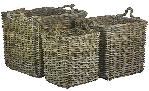 Red Hamper Set of 3 Square Grey Rattan Log Baskets, Brown, H52 x W52 x D45cm