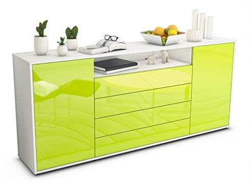 Stil.Zeit Sideboard Enzo, Korpus Weiss matt, Front Hochglanz Limettengrün (180x79x35cm) Push-to-Open Technik & Leichtlaufschienen