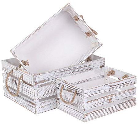 Red Hamper Set of 3 Distressed White Rope Handled Wooden Crates, Brown