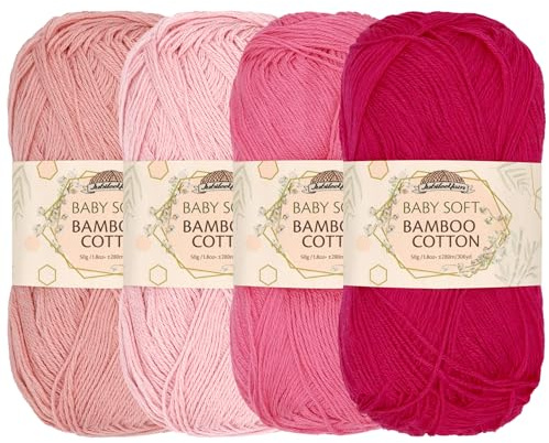 JubileeYarn Baby Soft Bamboo Cotton Yarn - 50g/Skein - Shades of Pink - 4 Skeins