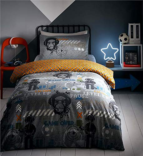 Bettwäsche-Set Computer Gamer, leuchtet im Dunkeln, Baumwollmischung, grau, Einzelbett