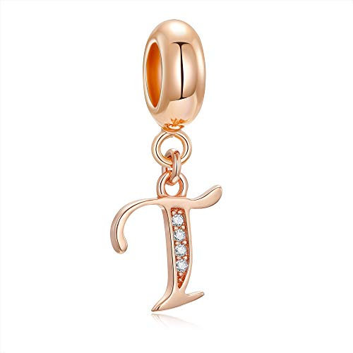 Alphabet Charms Letters Genuine 925 Sterling Silver Initial A-Z Dangle Clear Birthstone fits Bracelets & Necklaces (Rose Gold Letter T)