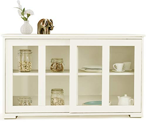 GOPLUS Buffet Commode Bas avec 2 Etagères, Tablette Hauteur Réglable, Vaisselier/Bahut de Cuisine avec Porte Coulissante, Meuble de Rangement en MDF, 106,5 x 33 x 62,5 CM, Beige