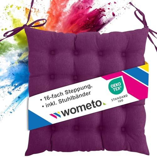 wometo Stuhl Sitzkissen 40x40 Oeko-TEX mit Bändern/Schleifen Beere lila | gesteppte Sitzpolster / Stuhlkissen mit Steppung für Indoor und Outdoor, drinnen und draußen nutzbar