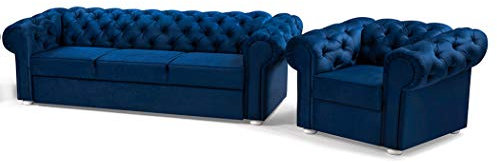 MOEBLO Wohnlandschaft 3+1 Chesterfield 3-Sitzer und Sessel, Samtbezug Polstersofa Sofas Couch für Wohnzimmer Loungesofa Federkern Vintage Design Avia (Marineblau)