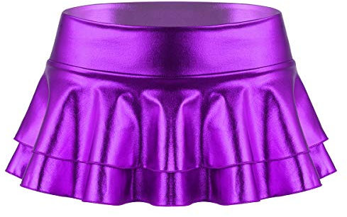 TiaoBug Minigonna da Donna Sexy Lucido Mettalico Mini Gonna a Pieghe Vita Bassa Gonna Svasata Vintage Cocktail Minigonna da Pattinaggio Ballo Danza Moderna Latino Jazz Viola L