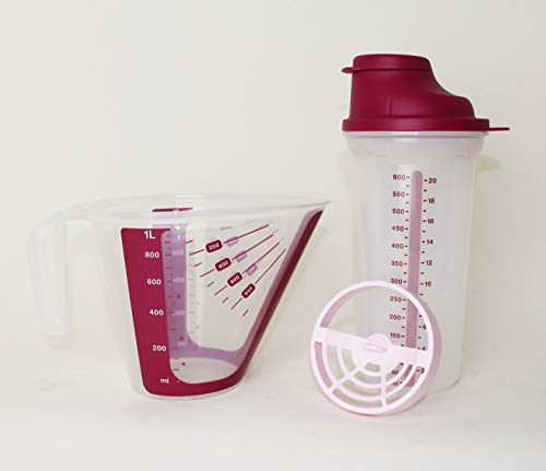 TUPPERWARE Shake-It Shaker 600ml Beere + Messbecher Beere 1L CombiPlus Messgenau + Mini Trichter Lila