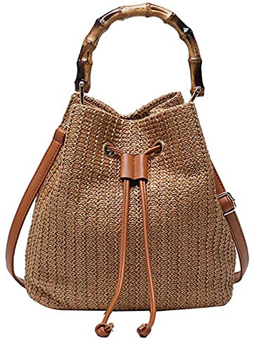 Millya Women's Summer Straw Beach Handbag Shoulder Bags Flower Decor Tote Bag Woven Beach Top-Handle Bag (03756 Brown)