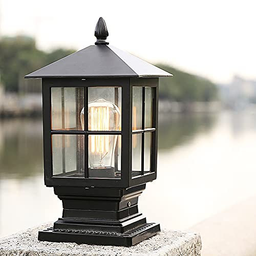 Lampe d'extérieur rustique sur pied Noir E27 IP44 Lampe d'extérieur sur pied Pilier Eclairage de jardin lumière de pilier simple moderne, phare de portail, lampes de patio (Style C-Noir)