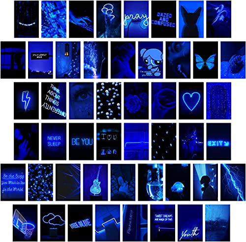 EDUS Blaues Wandcollage-Set ästhetische Bilder, neonblaue ästhetische Wandkunstdrucke, 50 Set (10,2 x 15,2 cm), Poster für Teenager-Mädchen-Zimmerdekoration, Wohnheim Trendy