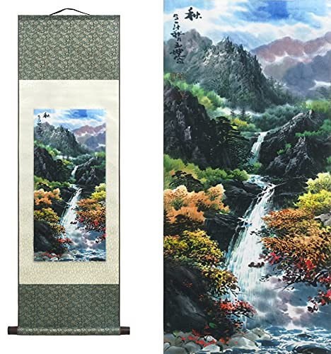 AtfArt Asiatische Wanddekoration, schöne Seidenrolle, vier Jahreszeiten, Landschaftsgemälde, Sommer, Herbst, Winter, Frühling, orientalische Dekoration, Schriftrolle, 99.1 x 30.5 cm (Herbst)