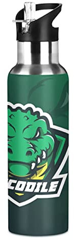 Mnsruu Bel Pesce Coccodrillo Carino Borraccia Termica con Cannuccia Sportiva, Bottiglia Acqua in Acciaio Inox Isolato 600ML Senza BPA per Bevande Calde e Fredde per Bambini Scuola