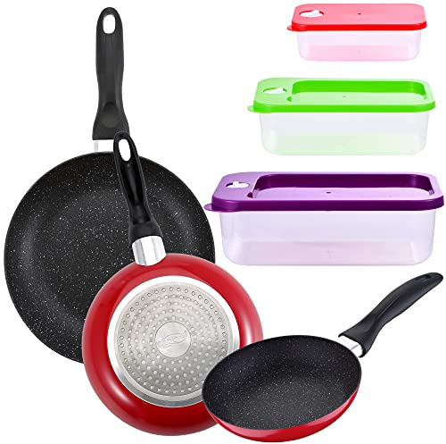 San Ignacio PK4808 PACK DE 3 SARTENES 16CM 20CM 24CM + SET DE 3PC DE HERMÉTICOS APILABLES, Rojo/Verde/Violeta