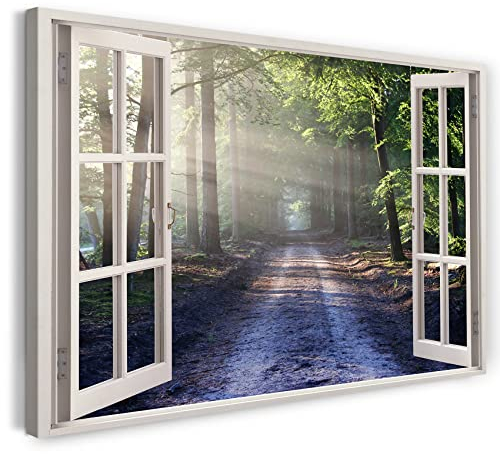 Printistico Bilder Fensterblick 120x80cm Baumwoll-Leinwand auf Keilrahmen mit Aufhänger moderner Kunstdruck XXL Wandbilder Wand-Dekoration Wald Weg Natur Sonnenstrahlen Pflanzen - Natur-Fotografie
