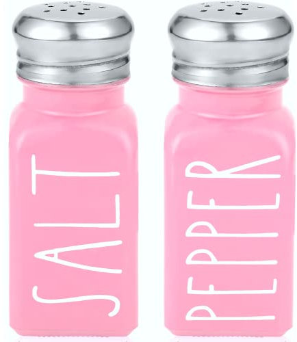 Pink Salt and Pepper Shakers Set by Brighter Barns - Modern Kitchen Decor and Accessories - Cute Glass Shakers - Vintage Decor for Home, Restaurants, Housewarming Gifts & Stainless Steel Lids (Pink)