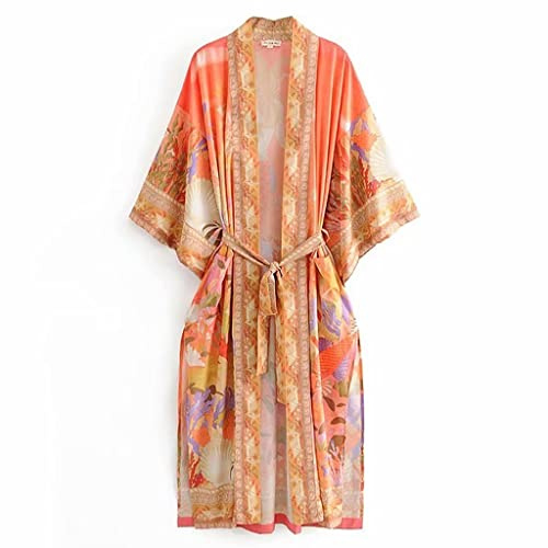 XUEMML Comfortable Loungewear And Nightwear Bathrobe，Vintage Turquoise Print Series Kimono Holiday Seaside Lace Sun Protection Long Coat (Color : Orange, Size : S)
